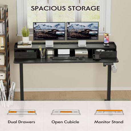 Furmax Electric Standing Desk with Drawers, Stand Up Desk with Storage Shelf Height Adjustable Computer Desk with Organizer for Home Office Ergonomic (Black, 55 Inch) Furmax