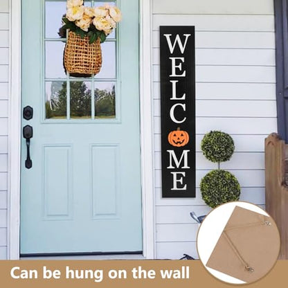 Interchangeable Welcome Sign for Front Porch- 45"X9" Large Standing/Hanging Wooden Sign with 12 PCS Replaceable Icons for Farmhouse Harvest Fall Halloween Thanksgiving Porch Wall Yard Decorations (Black)