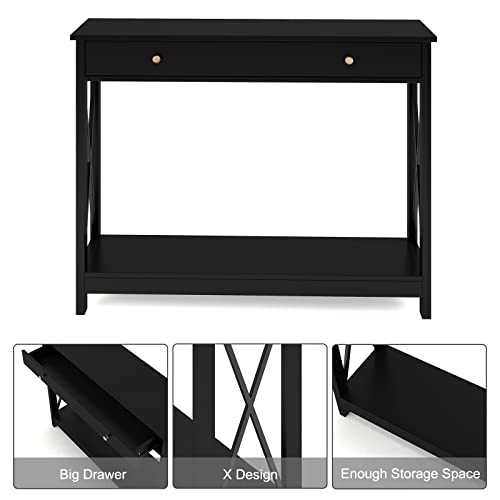 Treocho Black Console Table with Drawer and Storage Shelves, Foyer Sofa Table Narrow for Entryway, Living Room, Hallway - WoodArtSupply