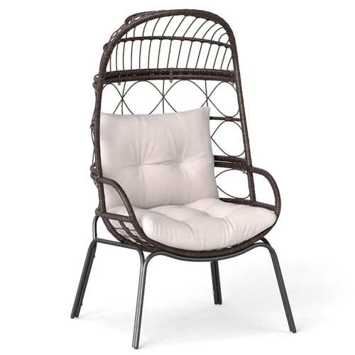 Tangkula Narrow Wicker Egg Chair Outdoor, Patio Rattan Lounge Basket with Seat & Back Cushions, Metal Indoor Outdoor Leisure Sofa Cocoon Chair for Bedroom, Backyard, Balcony, 400 lbs Max Load Tangkula