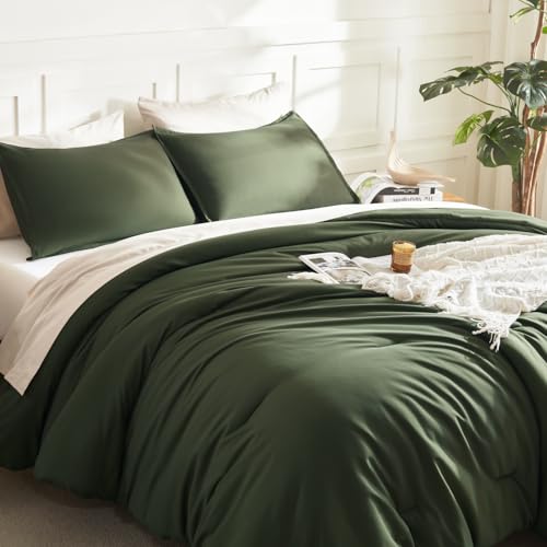 Litanika Dark Olive Green Comforter Set Full, 3 Pieces Solid Bedding Comforter Set, All Season Fluffy Bed Set (79x90In Comforter & 2 Pillowcases)