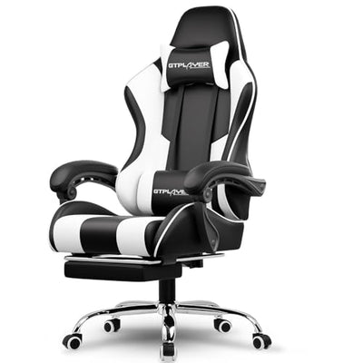 GTPLAYER Gaming Chair, Computer Chair with Footrest and Lumbar Support, Height Adjustable Game Chair with 360°-Swivel Seat and Headrest and for Office or Gaming (White)