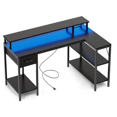 Simple Deluxe 47-inch L-Shaped Gaming Desk with LED Lights & Power Outlets, Reversible Corner Computer Desk with Monitor Riser, Drawer & Shelves, for Home Office, Black Simple Deluxe