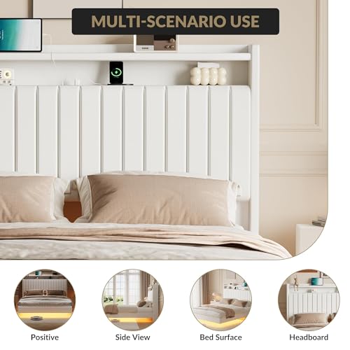 IDEALHOUSE Queen Floating Bed Frame with LED Lights and Storage Headboard, Bed Frame with Modern Minimalist Style for Bedroom/Vacation Home,Silent & No Box Spring Required,Easy to Assemble,White IDEALHOUSE