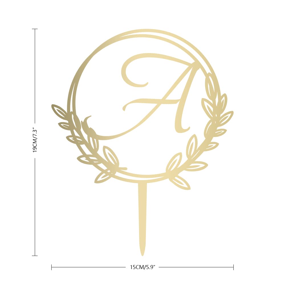 Vinisong Personalized Initial Letter A Golden Cake Topper Wooden Cake Decoration Wreath Cake Topper Perfect for Birthday Rustic Wedding Anniversary Keepsake Party Decoration Vinisong