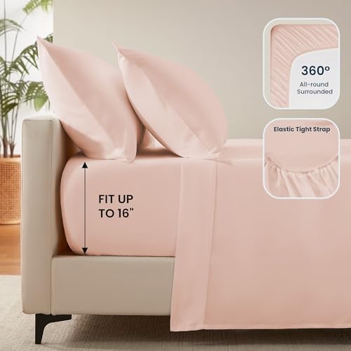 SLEEP ZONE Nanotex Super Soft Cooling King Bed Sheets Set for Kids 3 Piece - Easy Care Fitted Flat Sheet & Pillowcase Sets - Wrinkle Free,Fade Resistant,Deep Pocket 16",Rose Pink,King SLEEP ZONE