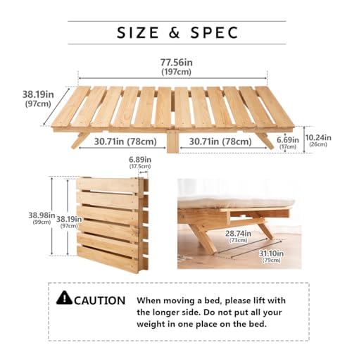 EMOOR Foldable Wood Slatted Floor Bed Frame OSMOS Twin Solid Pine (Earth-Natural), Easy Assembly Space Saving Storable Floor Life Tatami EMOOR