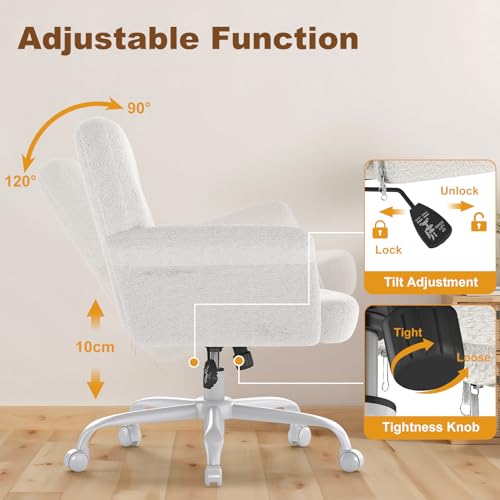 Keratee Comfy Home Office Desk Chair, Upholstered Fuzzy Vanity Chair with Wheels and Arms, Modern Adjustable Swivel Computer Seat for Living Room, Bedroom, Make Up, Home Office, White Keratee