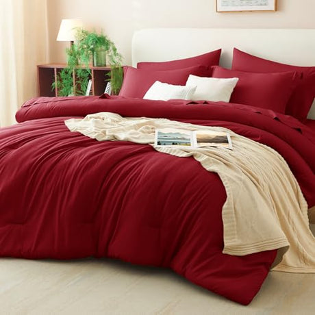 CozyLux Full Size Comforter Set Dark Red, 7 Pieces Bed in a Bag Full Comforter Set with Sheets, Bedding Set with Down Alternative Comforter, Fitted Sheets, Flat Sheets, Pillow Shams and Pillowcases CozyLux