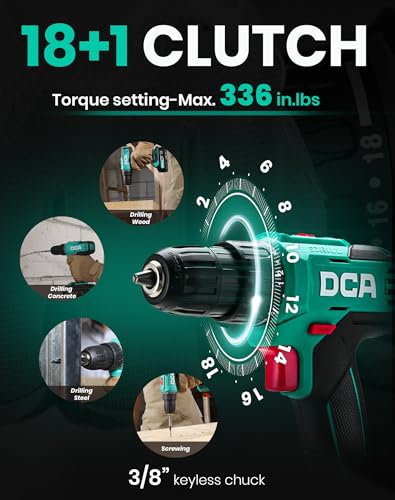 DCA Cordless Drill Set, 336 in-lbs Torque, 3/8" Keyless Chuck, Electric Power Drill with 2.0Ah Battery and Charger,18+1 Position,25-Piece 20V Drill Driver Kit, ADJZ2035 DCA