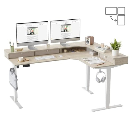 FEZIBO L Shaped Electric Standing Desk, 63 x 48inch Large with Drawers | Reversible Tabletop, 2 Memory Height Settings | Home Office & Gaming Height-Adjustable Table, Light Walnut （2 Packages） FEZIBO
