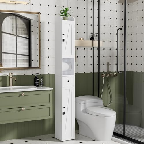 VECELO Bathroom Cabinet with Adjustable Shelf,Narrow Storage Cabinet for Small Space,Slim Cabinet 67in Tall with Metal Toilet Paper Rod Drawer,2 Magnetic Doors Farmhouse Style,Pearl White VECELO