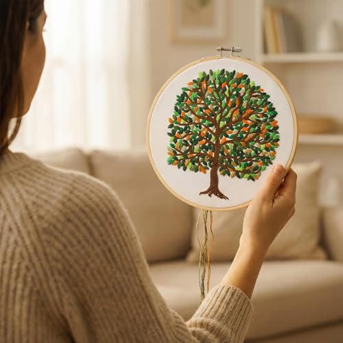 Norme Leaves Embroidery Kit for Beginners Adults 365 Days a Year Embroidering One Leave a Day Cross Stitch Kits with 365 Leaves Tree Pattern Embroidery Hoop Threads for DIY Craft Gift