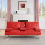KEIKI 67" Leather Folding Futon Sofa w/Cup Holder & Adjustable Backrest, Mid Century Modern Couch Loveseat Convertible to Sleeper Bed, Comfy Cloud Couch SofaBed for Living Room & Bedroom, Red KEIKI
