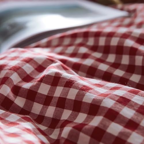 mixinni Red Gingham Comforter Set Full, Plaid Comforter Set 3 Pieces 1 Red Grid Comfoter with 2 Pillow Cases for All Seasons, Soft Fluffy Modern Grid Pattern Printed Bedding-Full Size mixinni