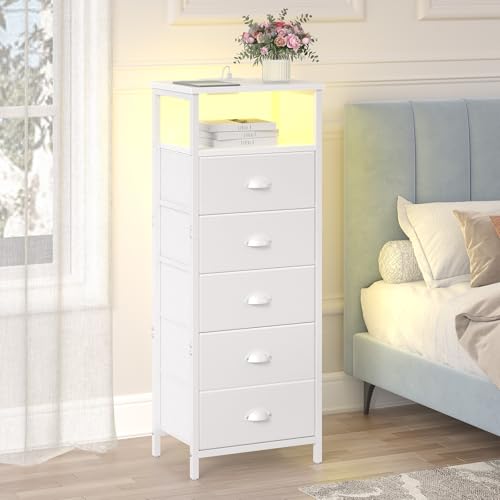 sthmec Nightstand with Charging Station,LED White Nightstands with 5 Fabric Drawers PU Finish, Bedside End Tables, 2-Tier Open Storage Shelf Side Table Nightstand with Drawers for Bedroom,White sthmec