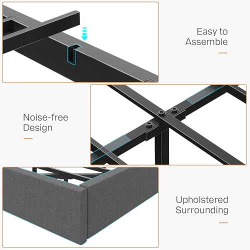 Dnxao Floating Bed Frame Queen with Hidden Storage Headboard, Heavy Duty Metal Platform with Dual Zone LED Lights & Charging Station, Noise Free No Box Spring Needed, Gray Linen Upholstered Dnxao