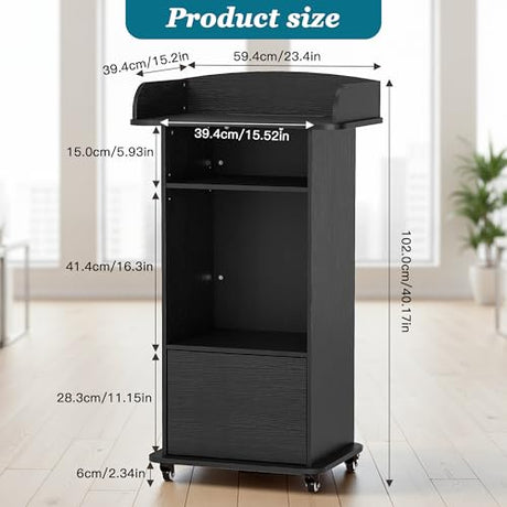 Qriocioa Podium Stand with Metal Wheels Wooden Lectern Podium Stand Portable Pulpit Standing with Storage Mobile Reception Podiums Desk for Church Office School Conference Restaurant Meeting, Black Qriocioa