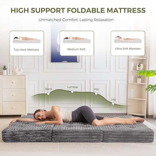MAXYOYO Folding Mattress with Handles, 6 Inch Tri-Fold Mattress Floor Sofa Bed, Soft Faux Fur Folding Bed with Supportive Foam Filling, Portable Guest Couch for Sleeping, Full, Grey MAXYOYO