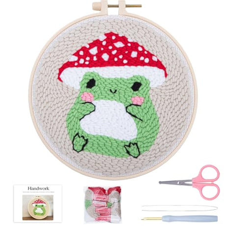 Louise Maelys Beginners Punch Needle kit,Embroidery Starter Kits for Adults,Rug Tool,Cross Stitch Including Handle Pen,Cloth,Hoop,Threads and Instruction-Mushroom Frog Pattern Louise Maelys
