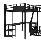 Metal Triple Bunk Beds with Slide, Desk and Storage Shelves, L-Shaped Twin XL Over Queen Bunk Bed with 2 Ladders and Guardrails for Kids Teens, Noise-Free Design (Black, Twin XL/Queen) CITYLIGHT