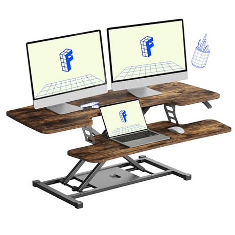 FLXISPOT 40in Standing Desk Converter, Height Adjustable Riser, Manual Lift with Gas Spring Monitor and Laptop Workstation, Rustic Color FLEXISPOT