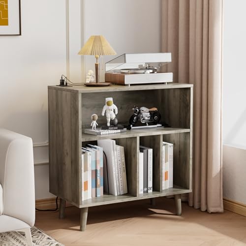 VINGLI Record Player Stand with Open Vinyl Storage, Mid-Century Album Storage Table with LED Light up to 300 Albums, Vinyl Record Player Shelf with Power Outlet for Living Room, Grey Oak VINGLI