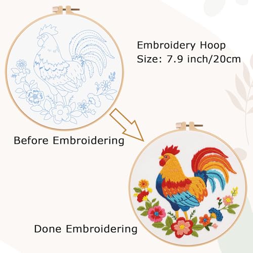 Nuberlic Rooster Embroidery Kit for Adults Beginners, Stamped Farmhouse Embroidery Starter Kit with 7.9 Inch Hoop, Threads, Needles & Instructions, DIY Needlework Craft Gift