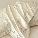 Nayoroom Bow Duvet Cover Queen Size Cooling Duvet Cover for Hot Sleepers 3 Pieces Elegant Cream White Satin Jacquard Breathable Bedding Set with Zipper Closure, Girls Dorm Bedding Nayoroom