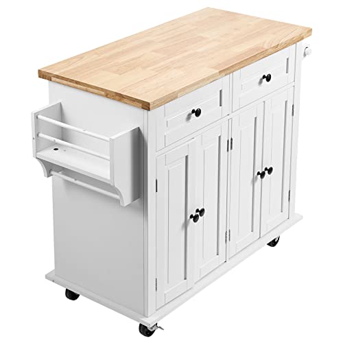 VEVOR Kitchen Island Cart with Solid Wood Top, 35.4" Width Mobile Carts with Storage Cabinet, Rolling Kitchen Table with Spice Rack, Towel Rack, and Drawer, Portable Islands on Wheels, White - WoodArtSupply