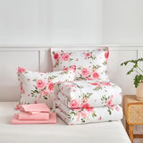 Flower Comforter Sheet Set White Bed in a Bag 7 Pieces Cal King Size Dark Pink Floral Bedding Set (1 California King Comforter 2 Pillow Shams 1 White Flat Sheet 1 Fitted Sheet 2 Pillowcases) UOZZI BEDDING