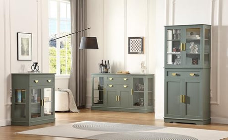 FOREST GRAVITY 58.27'' Buffet Cabinet with 2 Drawers and Adjustable Shelves,Large Glass Door Coffee Bar Cabinet,Modern Farmhouse Sideboard Credenza for Kitchen,Green FOREST GRAVITY
