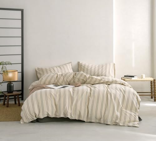 VM VOUGEMARKET Full Duvet Cover Set Beige Gray Striped Bedding Set Soft Washed Cotton 3 Pieces Dark Green Vertical Ticking Stripes Comforter Cover with Zipper Closure-80x90 Inch VM VOUGEMARKET