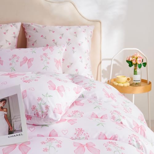 CCoutueChen Duvet Cover Twin 2Pcs Pink Floral Bow Bedding Set for Girls Kids, Romantic Princess Style Bowknot Bedding, Ultra Soft Reversible Garden Flower Duvet Cover Set(1 Pillowcase,No Comforter) CCoutueChen