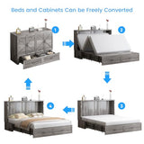 PUREMIND Murphy Bed Queen with Mattress Included, Bedroom Cabinet Beds with USB Charging Station, Murphy Chest Bed with Storage Drawers, Horizontal Wallbed for Guest Room Grey PUREMIND