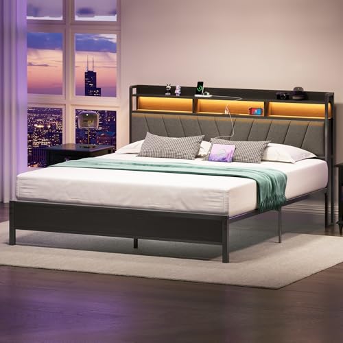 Welzona King Size Bed Frame with Headboard, Metal Platform Bed with LED Lights & Charging Station, 2-Tier Storage, Sturdy and Easy Assembly, Under Bed Storage, No Box Spring Needed, Noise Free, Black Welzona