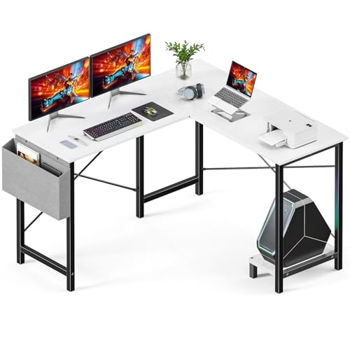 DUMOS L Shaped Desk Computer Gaming Corner Table 50 Inch Home Office Writing Student Work PC Workstation with Side Storage Bag CPU Stand for Bedroom Small Spaces DUMOS