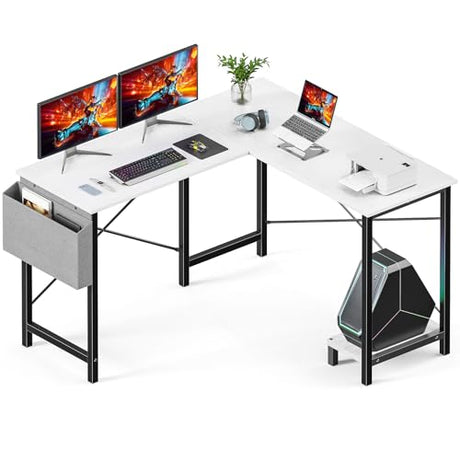 DUMOS L Shaped Desk Computer Gaming Corner Table 50 Inch Home Office Writing Student Work PC Workstation with Side Storage Bag CPU Stand for Bedroom Small Spaces DUMOS