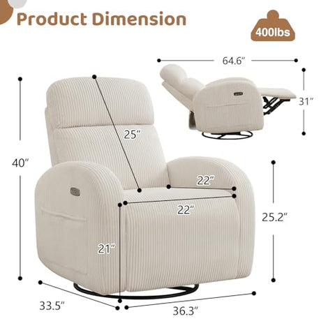 AEMEIOS Power Nursery Glider Recliner, Swivel Glider Recliner with USB & Type-C Port, Swivel Reclining Nursery Rocker with Double Pockets for Living Room, White,Corduroy AEMEIOS