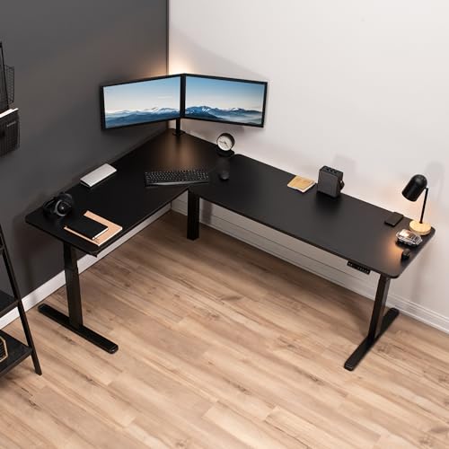 VIVO Electric Height Adjustable 83 x 60 inch Corner Stand Up Desk, 2 Light Wood Solid Table Tops, Black Frame, Memory Controller, L-Shaped Workstation, 3E Series, DESK-KIT-3E8BC VIVO