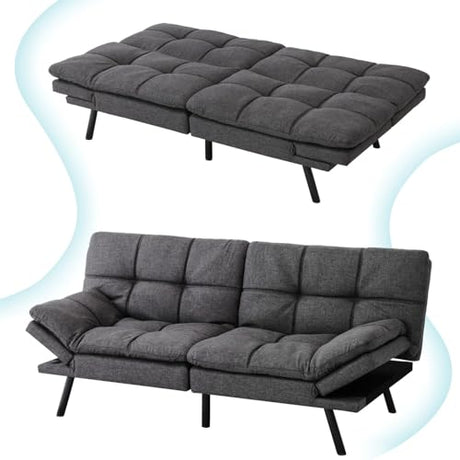 MUUEGM 71" Futon Sofa Bed with Memory Foam,Futon Couch with Adjust Backrest and Armrest, Couches Bed for Living Room,Studios, Apartments, Dormitories, Offices and Game Rooms. Dark Gray Sofa Bed MUUEGM