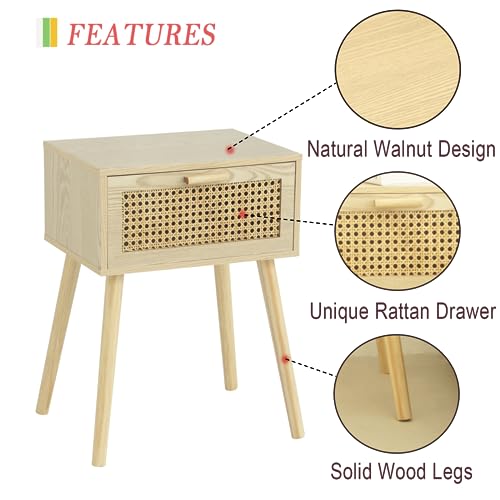 AWASEN Rattan Nightstand, Bedside Table with Rattan Drawer, Wood End Table with Storage and Solid Wood Legs for Bedroom Living Room Small Space (Walnut) - WoodArtSupply