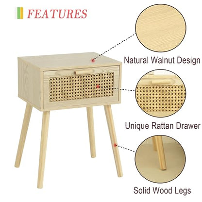 AWASEN Rattan Nightstand, Bedside Table with Rattan Drawer, Wood End Table with Storage and Solid Wood Legs for Bedroom Living Room Small Space (Walnut)