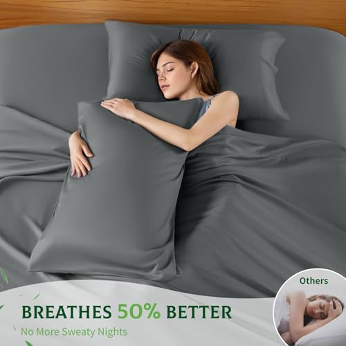 SONORO KATE 100% Viscose Derived from Bamboo_, Extra Deep Pocket up to 18"-24",Ultra Soft & Cooling Sheets for Hot Sleepers, Hotel Luxury Silky Bed Sheets (Dark Grey,King) SONORO KATE