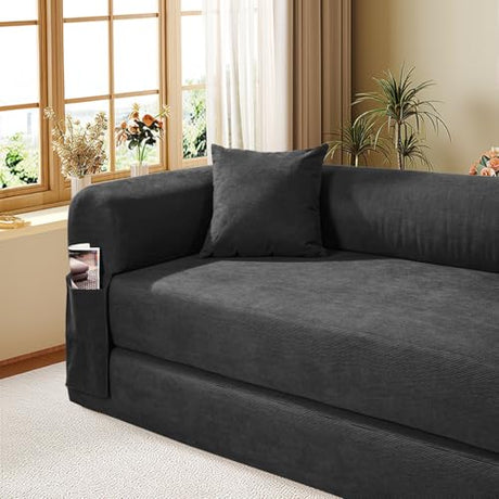GJQ Convertible Futon Sofa Bed,80" Folding Pull Out Couch Bed with Pillows & Storage,Queen Sleeper Sofa Bed,Compressed Couch in a Box,Corduroy Boneless Couches for Living Room,Deep Gray GJQ
