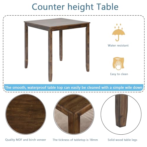 KEIKI 5-Piece Counter Height Dining Table Set with Square Table and 4 Upholstered X-Shaped Backrset Chair, for 4 Person, Modern Style Wooden Table Set, Easy Assembly, for Kitchen, Dining Room, Walnut KEIKI
