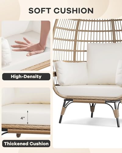 DEXSO Oversized Wicker Egg Chair - 350LBs Capacity, Steel Frame & Ultra Luxury Cushions, Indoor/Outdoor Use for Balcony, Patio, Living Room (White) DEXSO