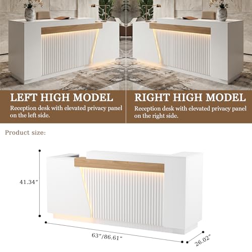 Laxodor 86.6" L-Shaped Reception Desk with Dimmable LED Lights, White Front Desk Counter for Salon, Retail Store & Office
