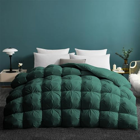 UNIKOME Pinch Pleat Goose Feather Down Comforter - 20% Extra Fill, 90oz, All Season Duvet Insert with 100% Cotton Cover, Cloud-Like Fluffiness (Green, Queen/Full, 90"X90") UNIKOME