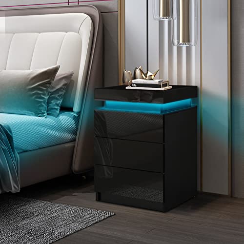CLIPOP Modern Nightstand, LED Night Stand with 3 High Gloss Chest of Drawers, Bedside Table Cabinet with Remote Control Lights, Wood Matte Nightstand 21.6" Tall Bedroom Furniture, Black CLIPOP